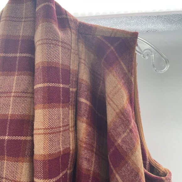 Entro Women's Plaid Sleeveless Cardigan Open Front Wine/Tan Size Small Fringe - Picture 4 of 8